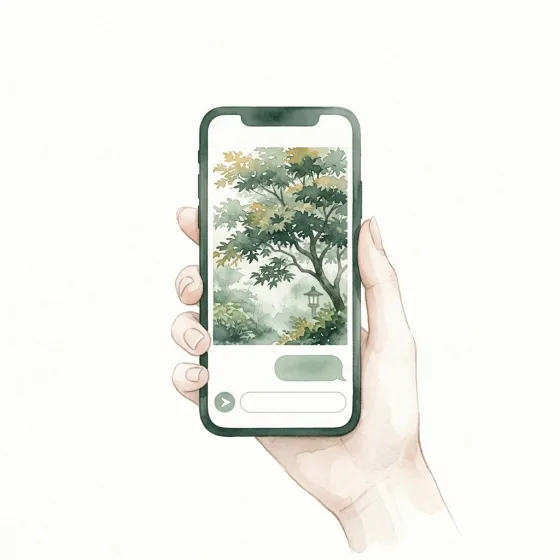 スマートフォンで庭木の写真を送る水彩イラスト